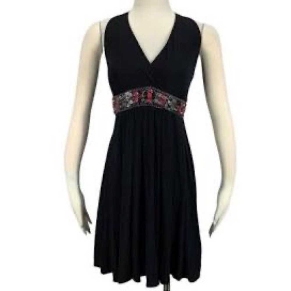White House Black Market Sexy Black V Neck Halter Beaded Waist Dress Size 2